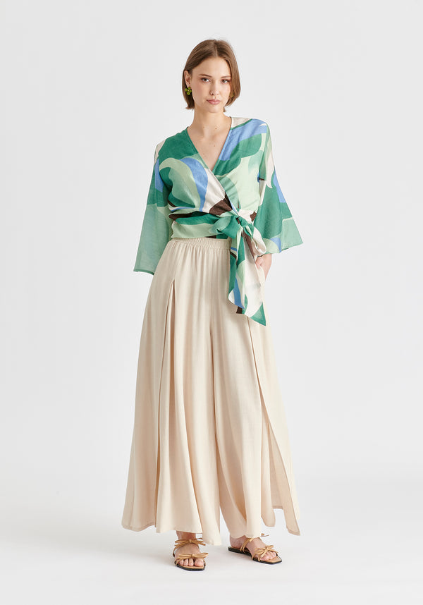 Flowy Palazzo Trousers with Open Front Splits in Oatmeal Front