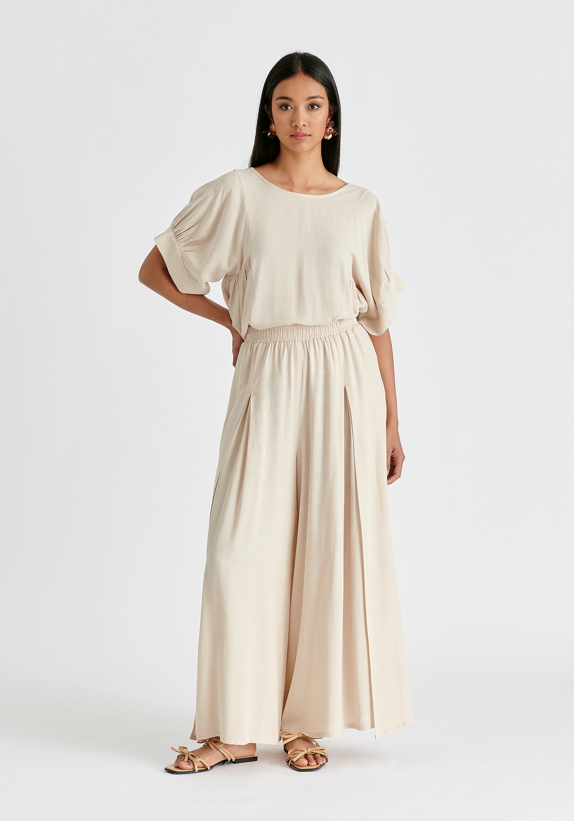 Flowy Palazzo Trousers with Open Front Splits in Oatmeal Front