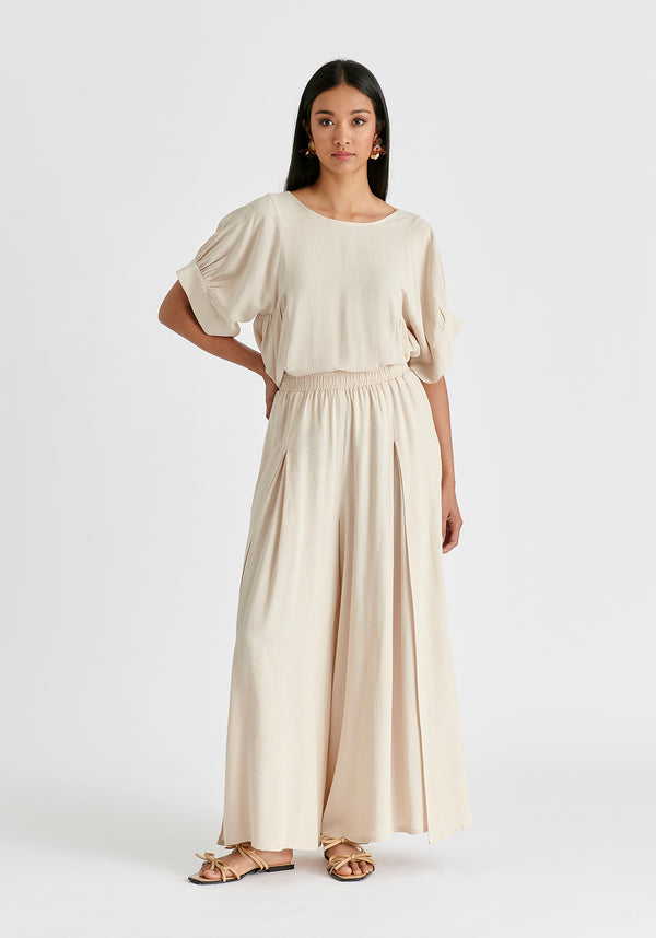 Flowy Palazzo Trousers with Open Front Splits in Oatmeal Front