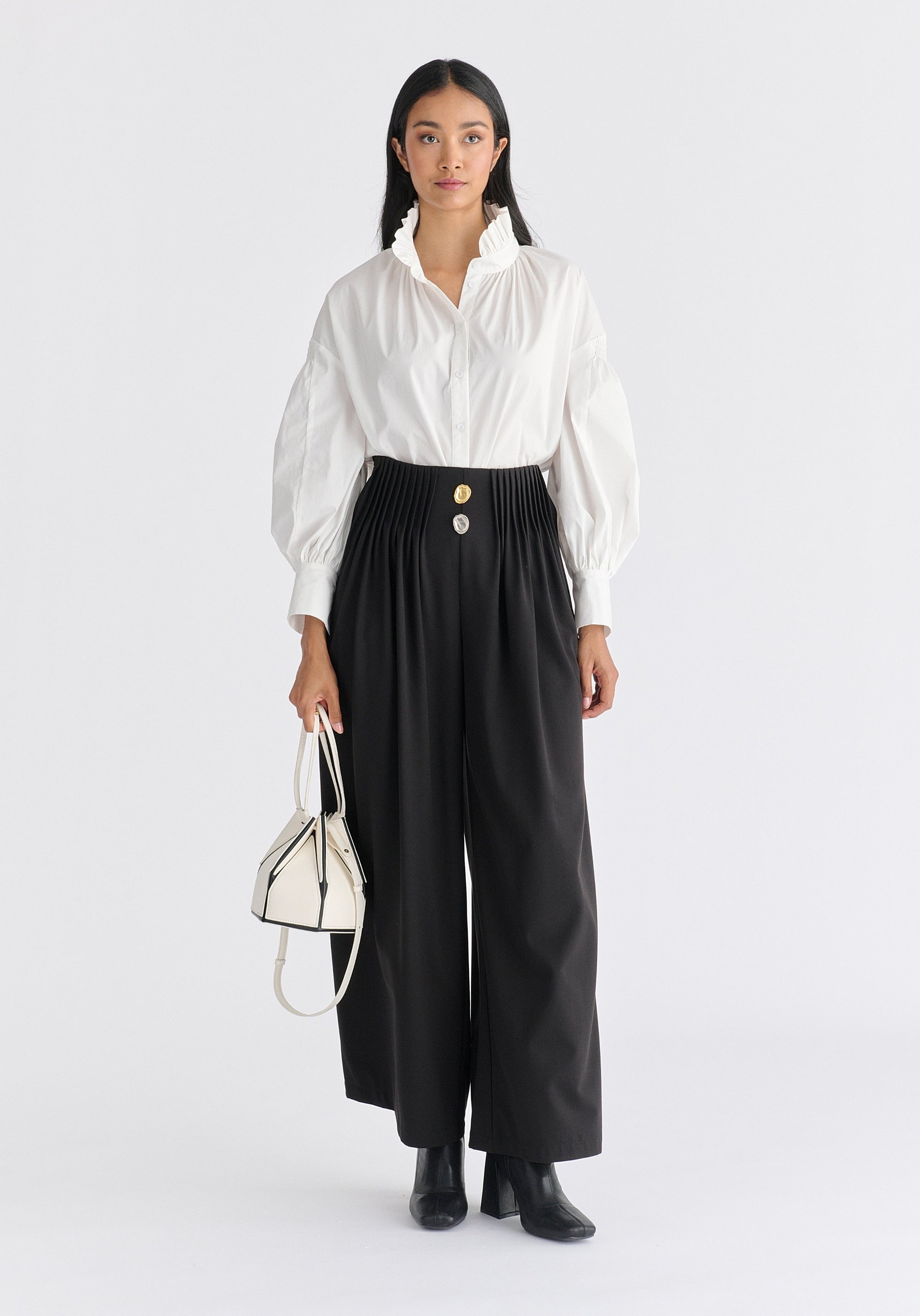 Hexagon Drawstring Bucket Bag in White and Black Front