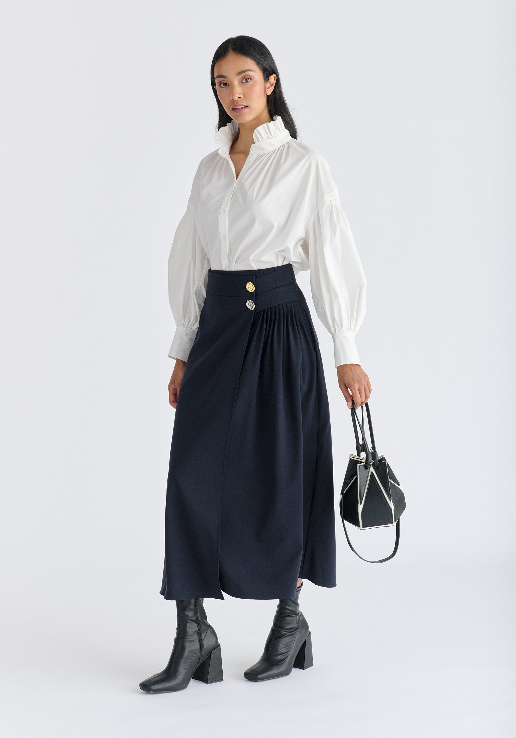 Hexagon Drawstring Bucket Bag in Black and White Front