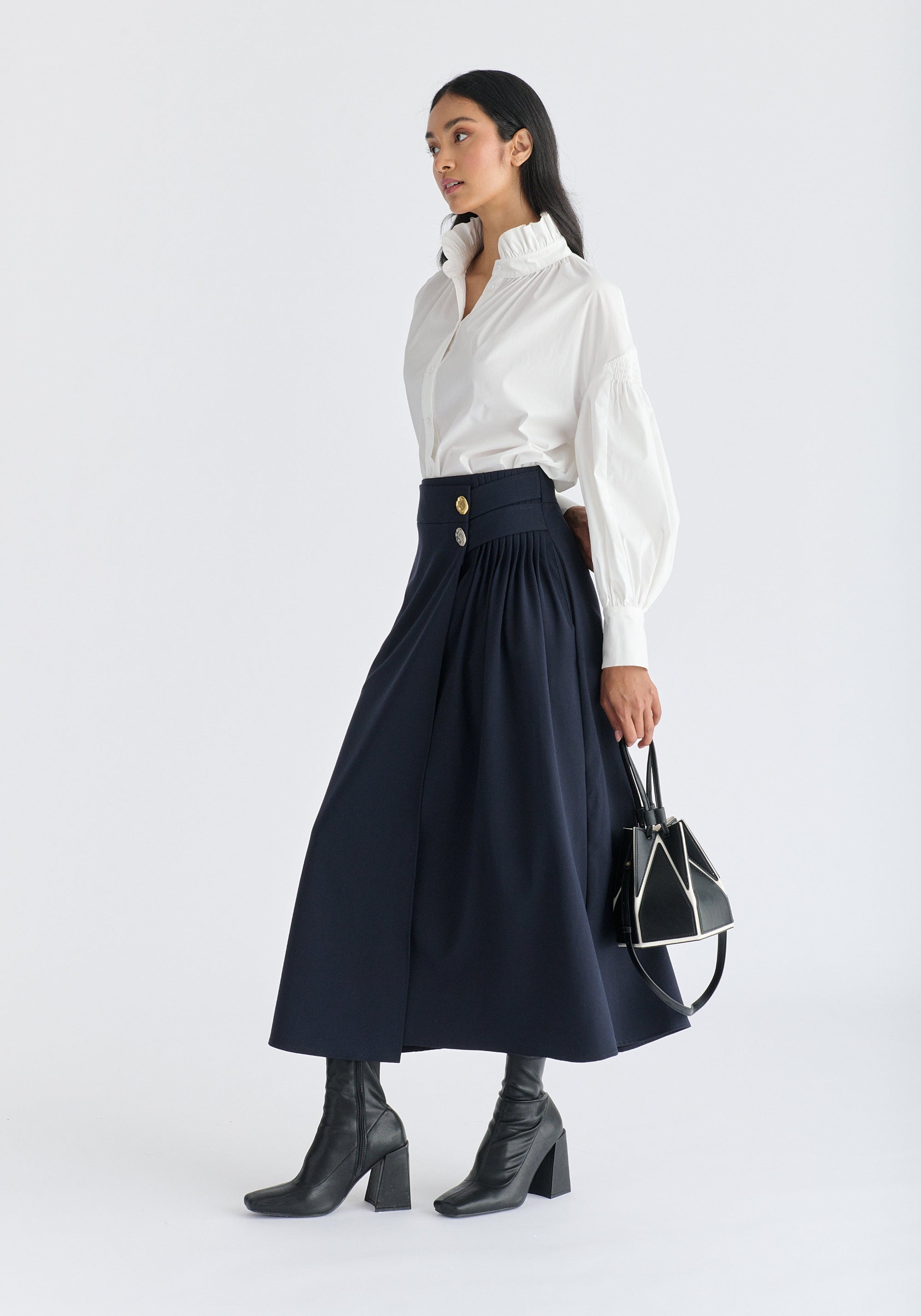 Hexagon Drawstring Bucket Bag in Black and White Front