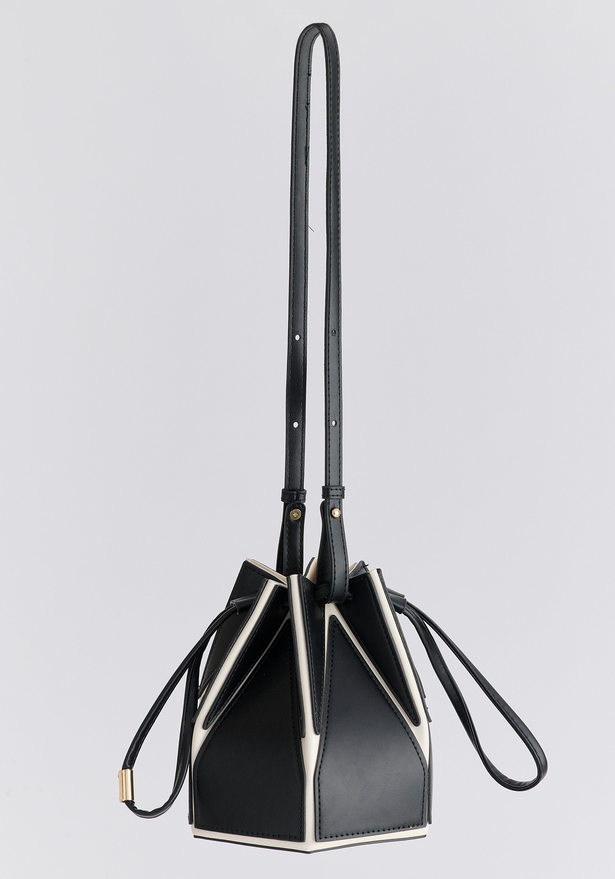 Hexagon Drawstring Bucket Bag in Black and White Front