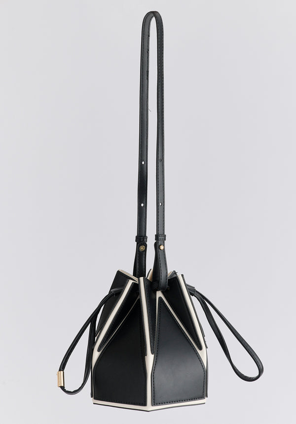 Hexagon Drawstring Bucket Bag in Black and White Front