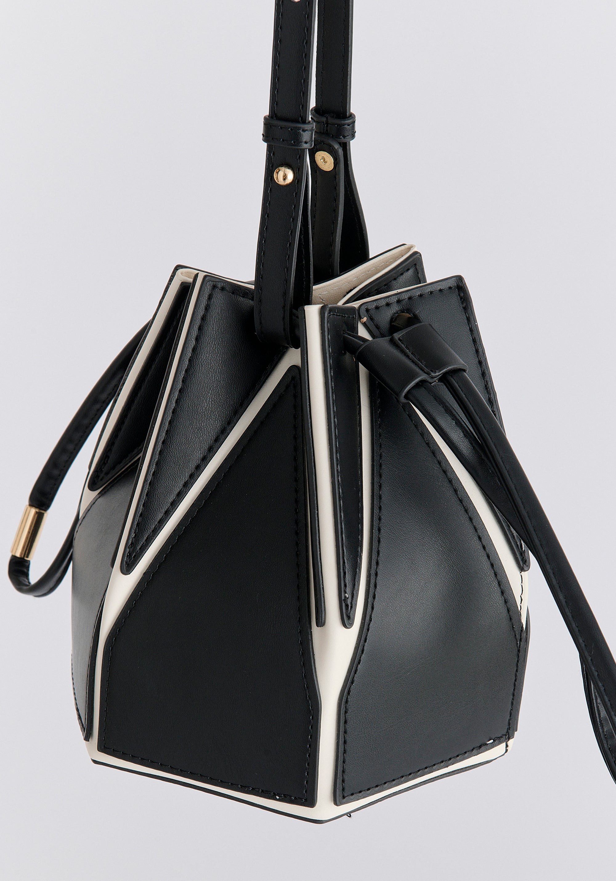 Hexagon Drawstring Bucket Bag in Black and White Front Close Up