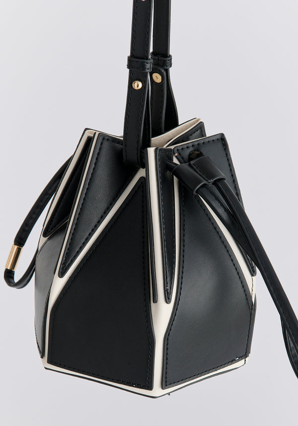 Hexagon Drawstring Bucket Bag in Black and White Front Close Up