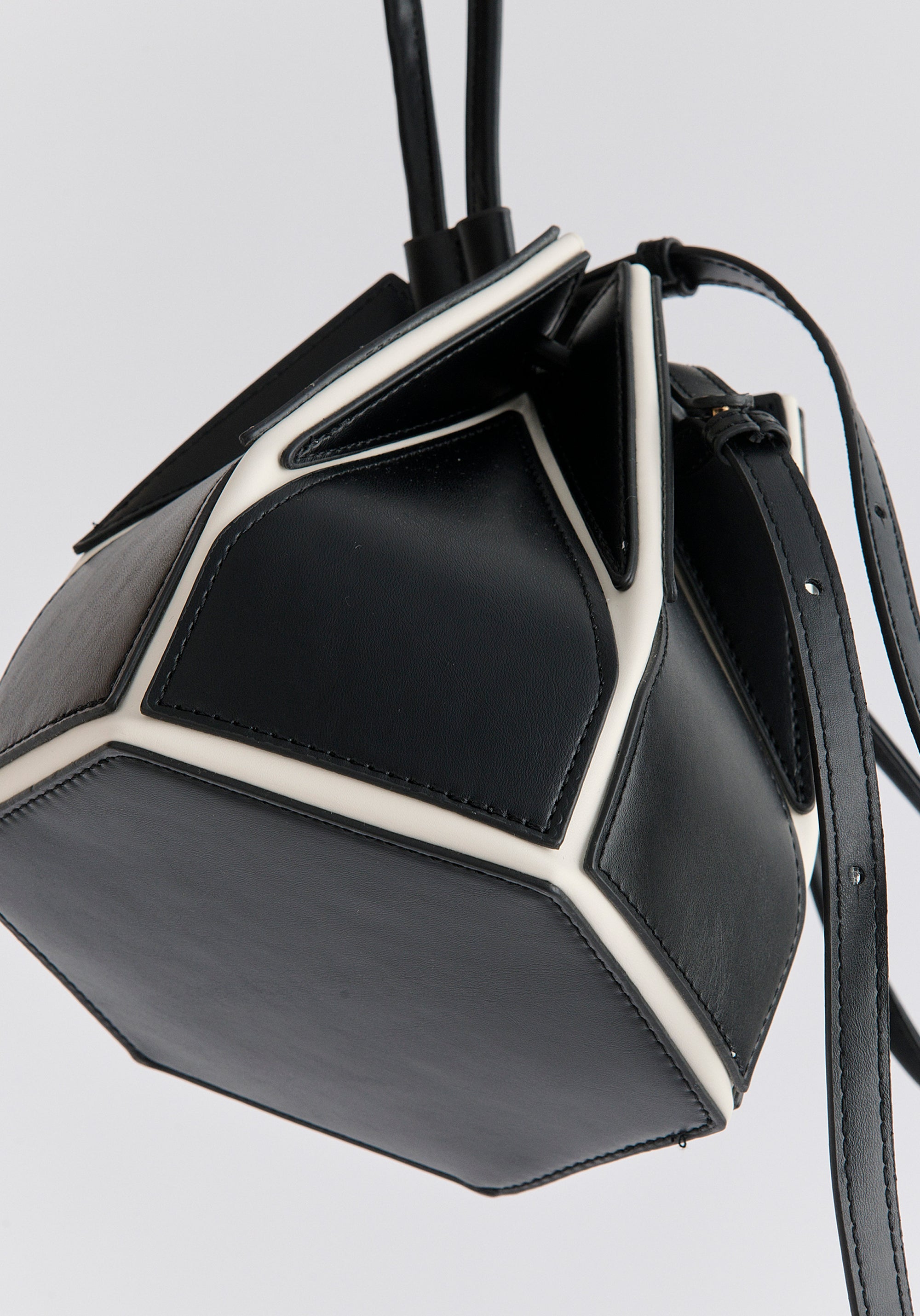 Hexagon Drawstring Bucket Bag in Black and White Front Close Up