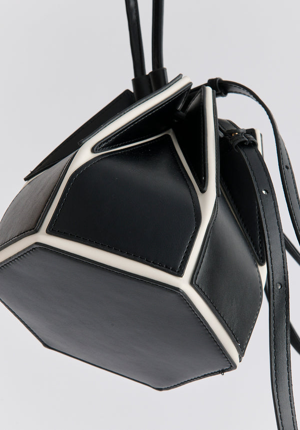 Hexagon Drawstring Bucket Bag in Black and White Front Close Up
