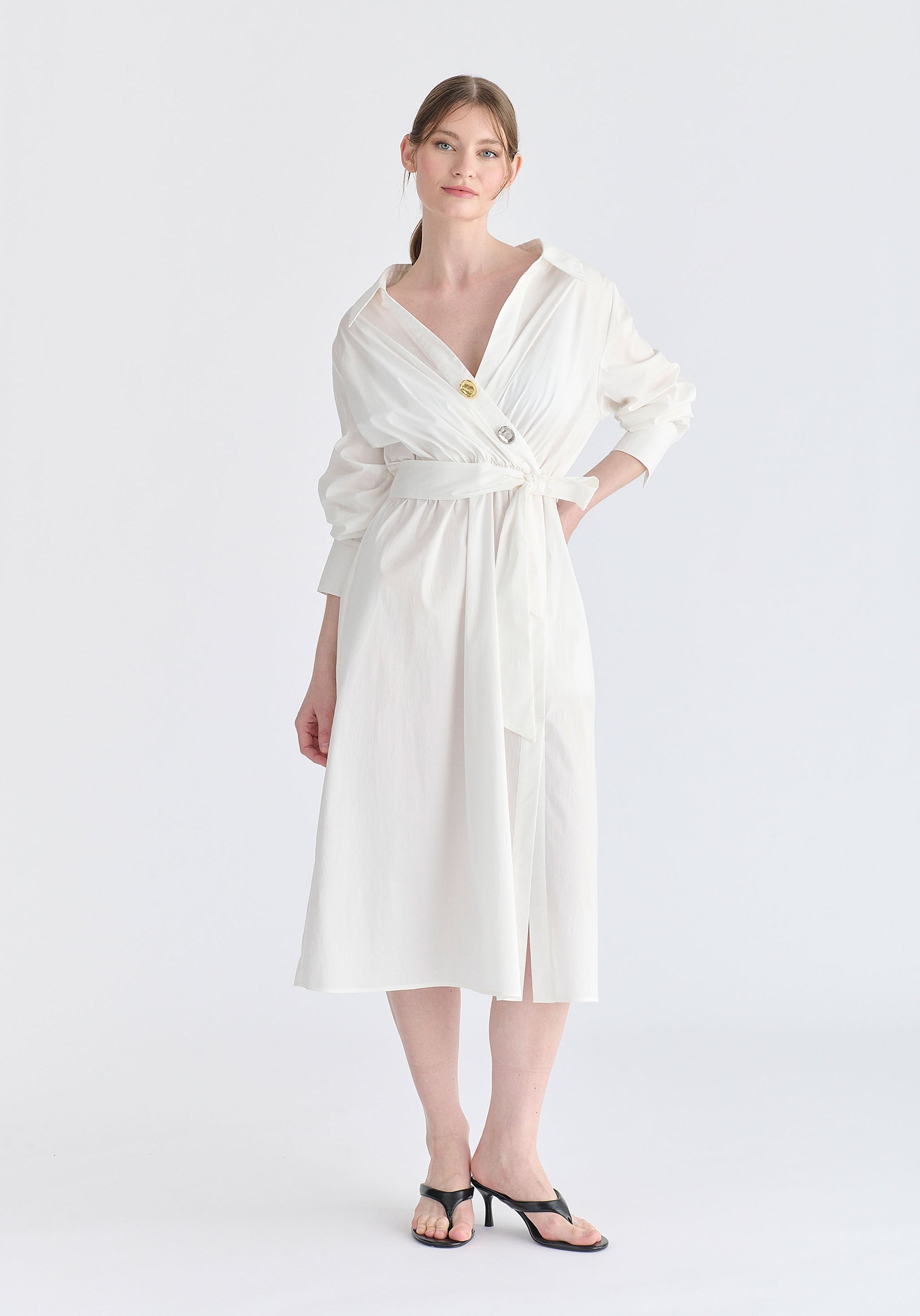 Wrap Midi Shirt Dress with Metallic Button Details