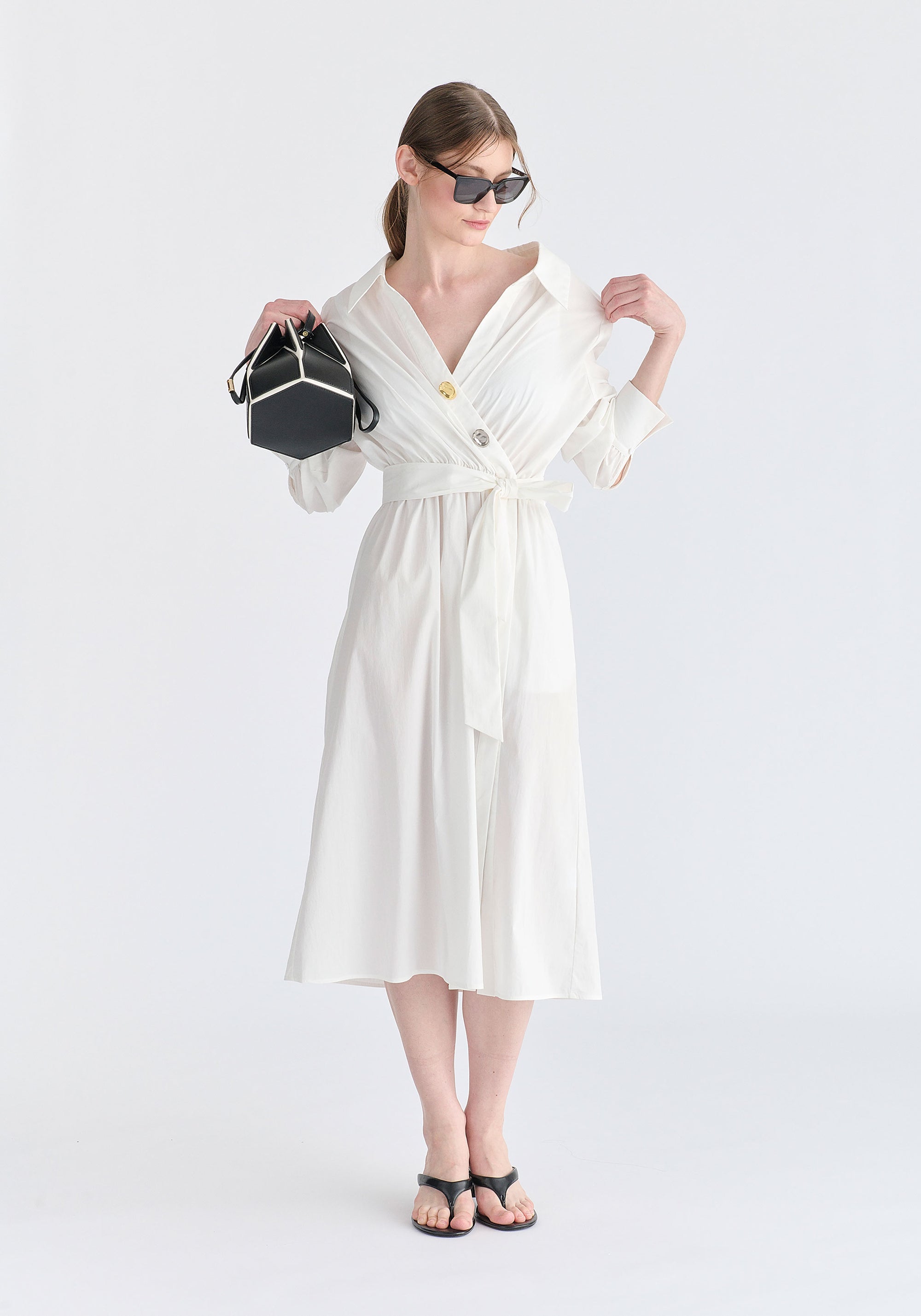 Wrap Midi Shirt Dress with Metallic Button Details