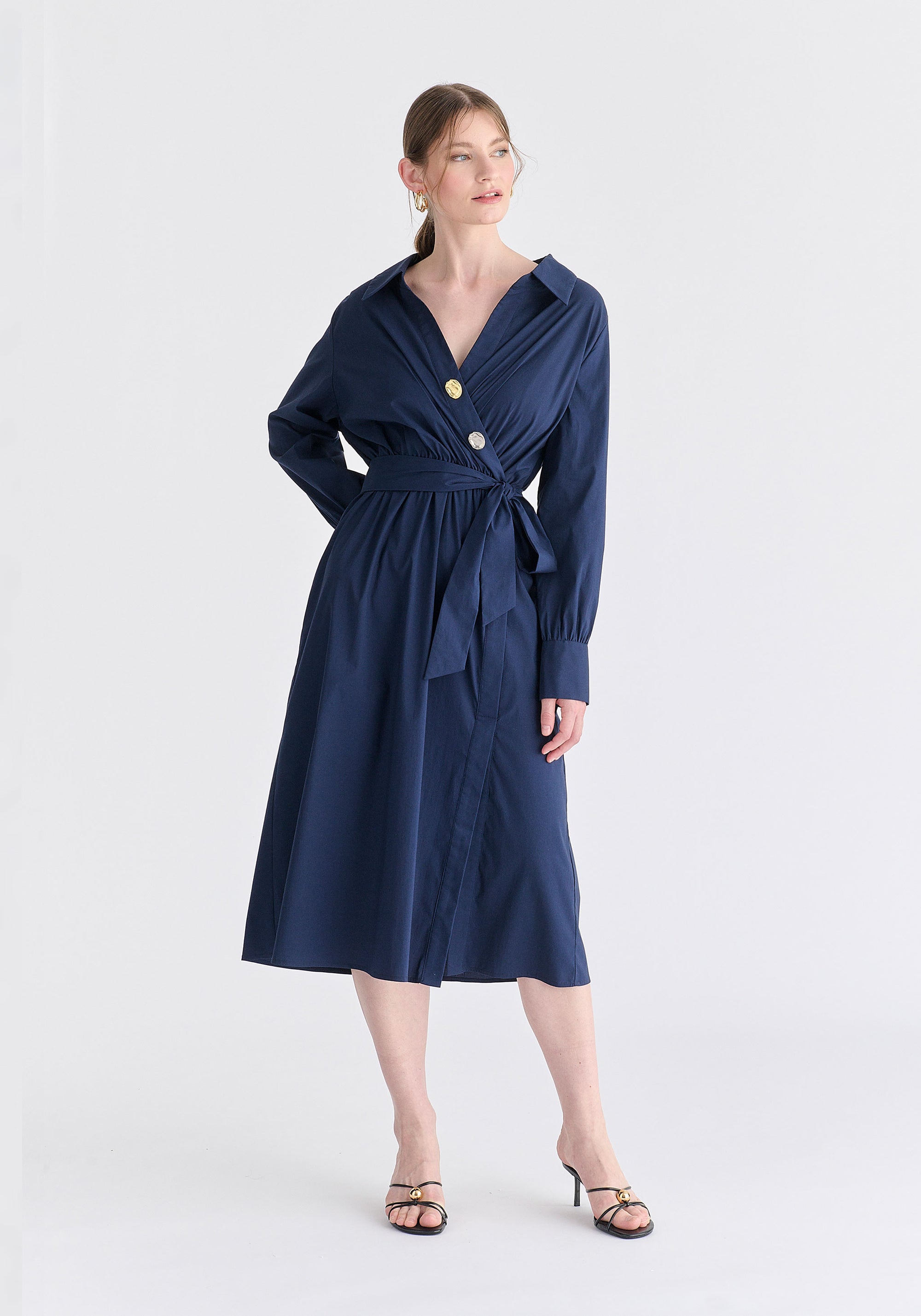 Wrap Midi Shirt Dress with Metallic Button Details in Navy Front
