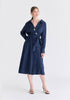 Wrap Midi Shirt Dress with Metallic Button Details in Navy Front