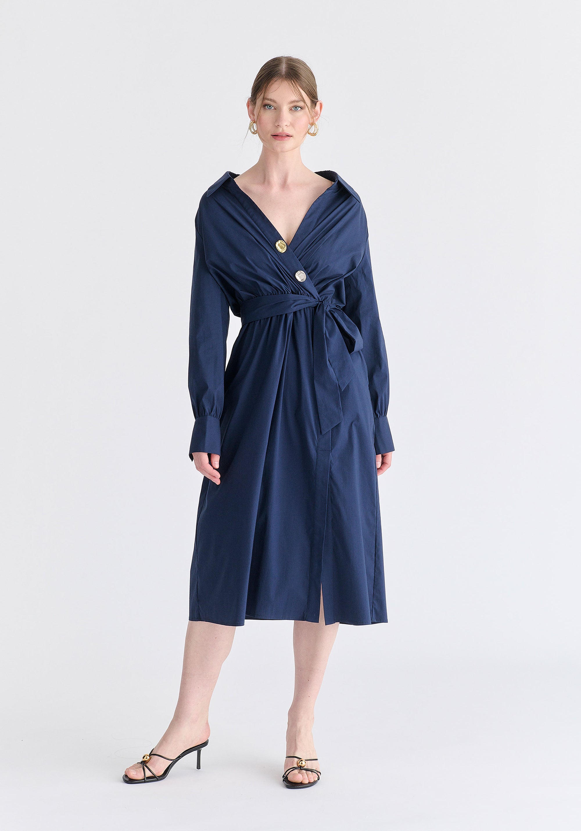 Wrap Midi Shirt Dress with Metallic Button Details in Navy Front