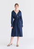 Wrap Midi Shirt Dress with Metallic Button Details in Navy Front