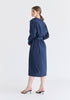 Wrap Midi Shirt Dress with Metallic Button Details in Navy Back