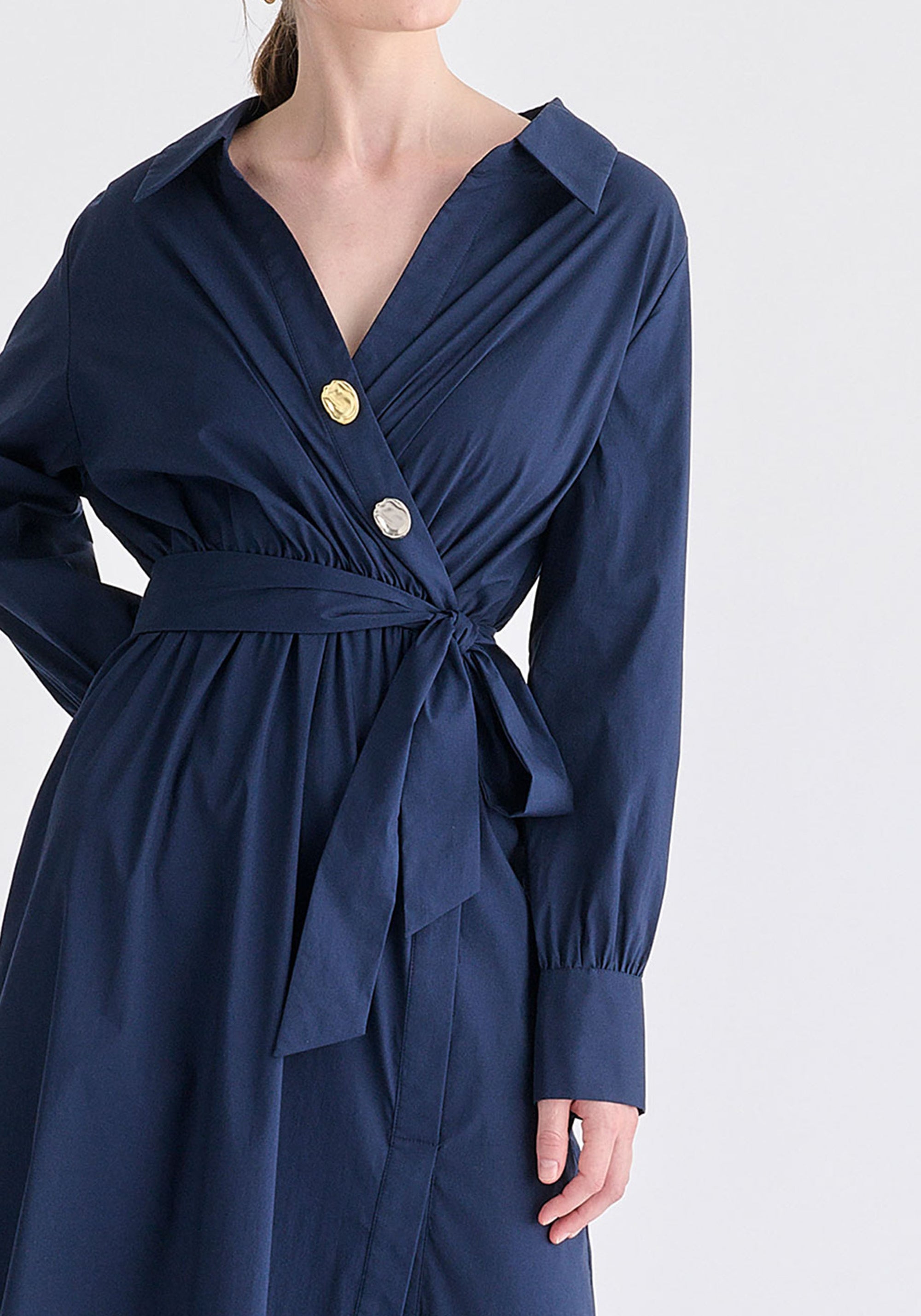 Wrap Midi Shirt Dress with Metallic Button Details in Navy Closeup