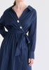 Wrap Midi Shirt Dress with Metallic Button Details in Navy Closeup