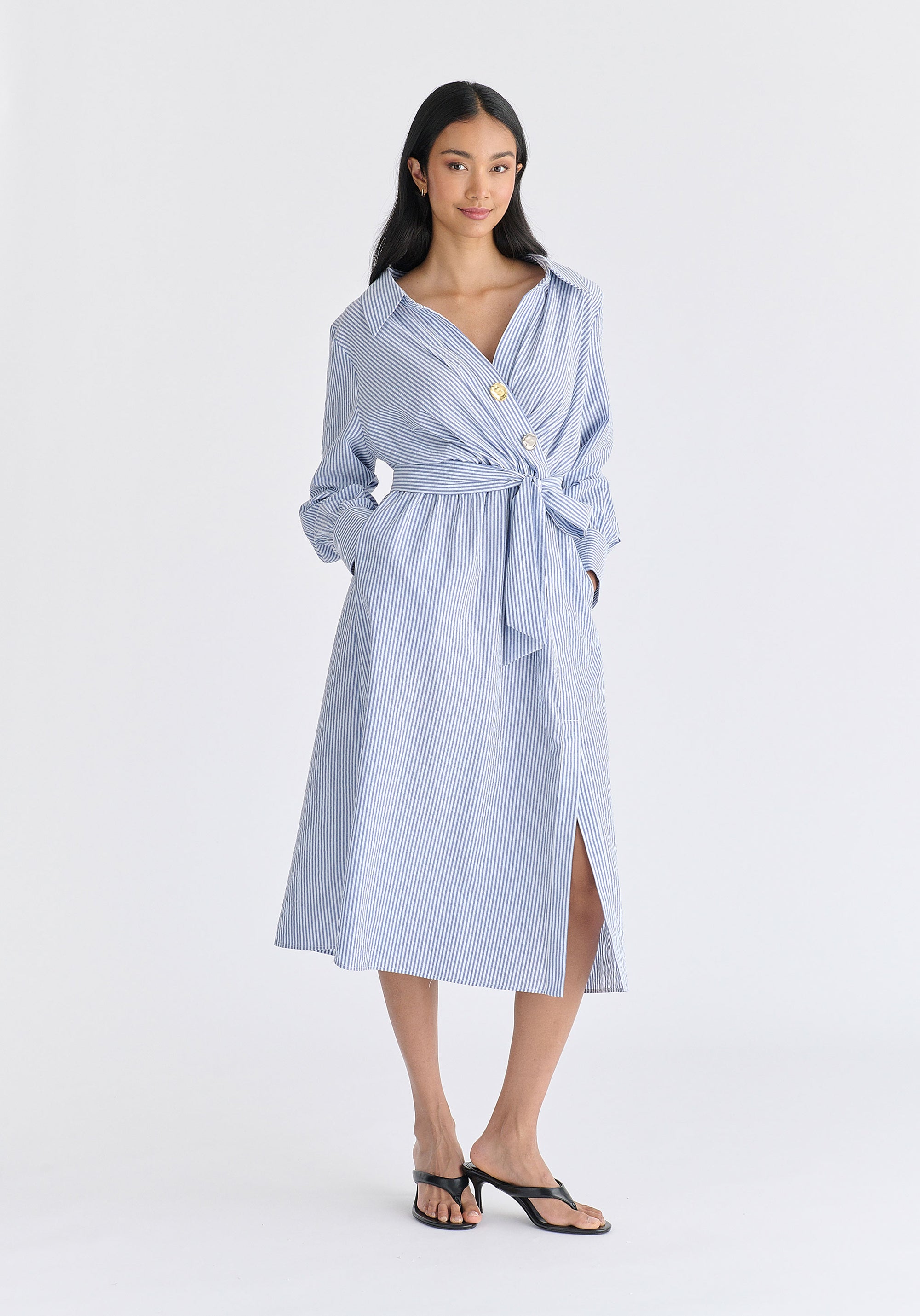 Wrap Midi Shirt Dress with Metallic Button Details