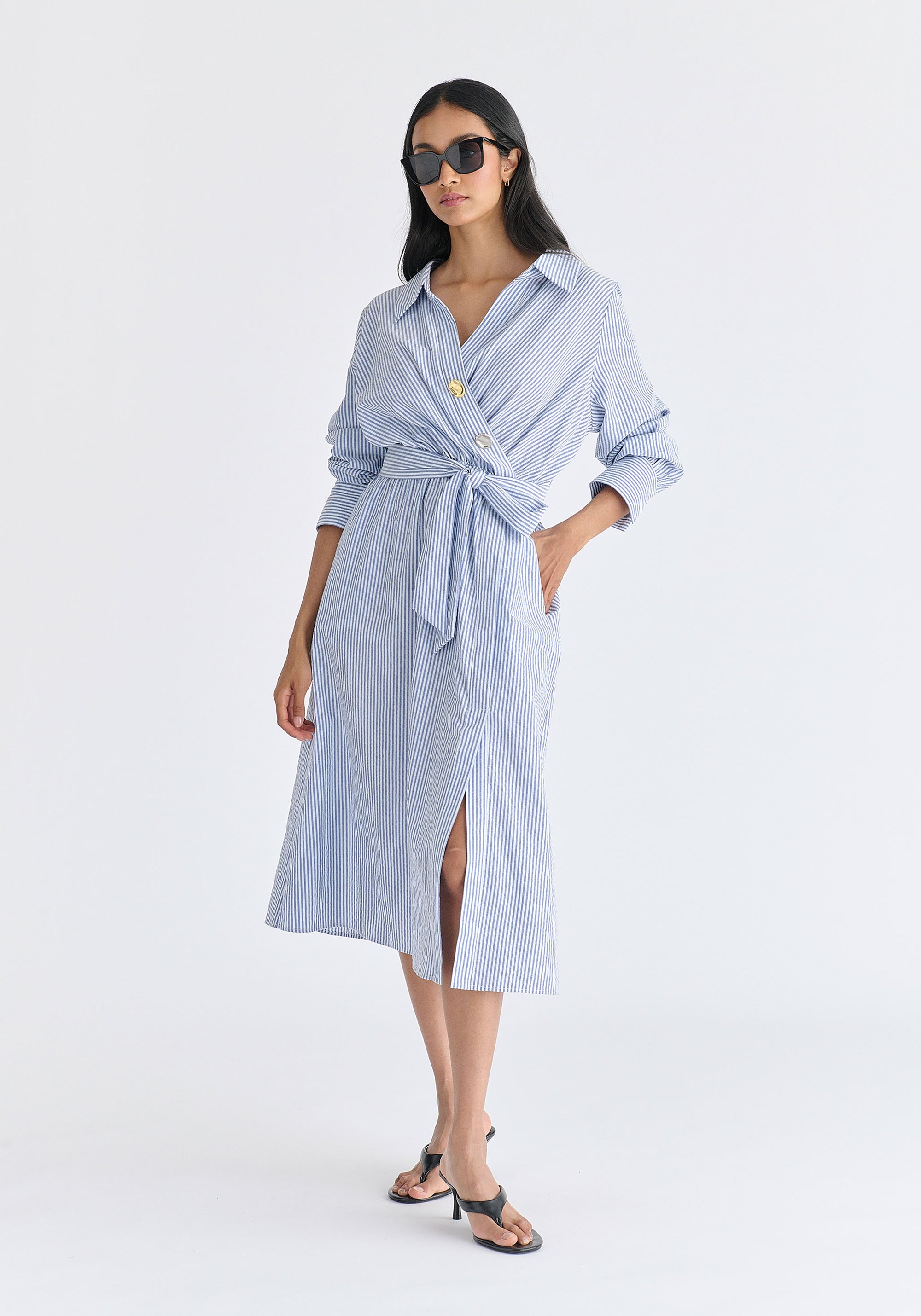 Wrap Midi Shirt Dress with Metallic Button Details