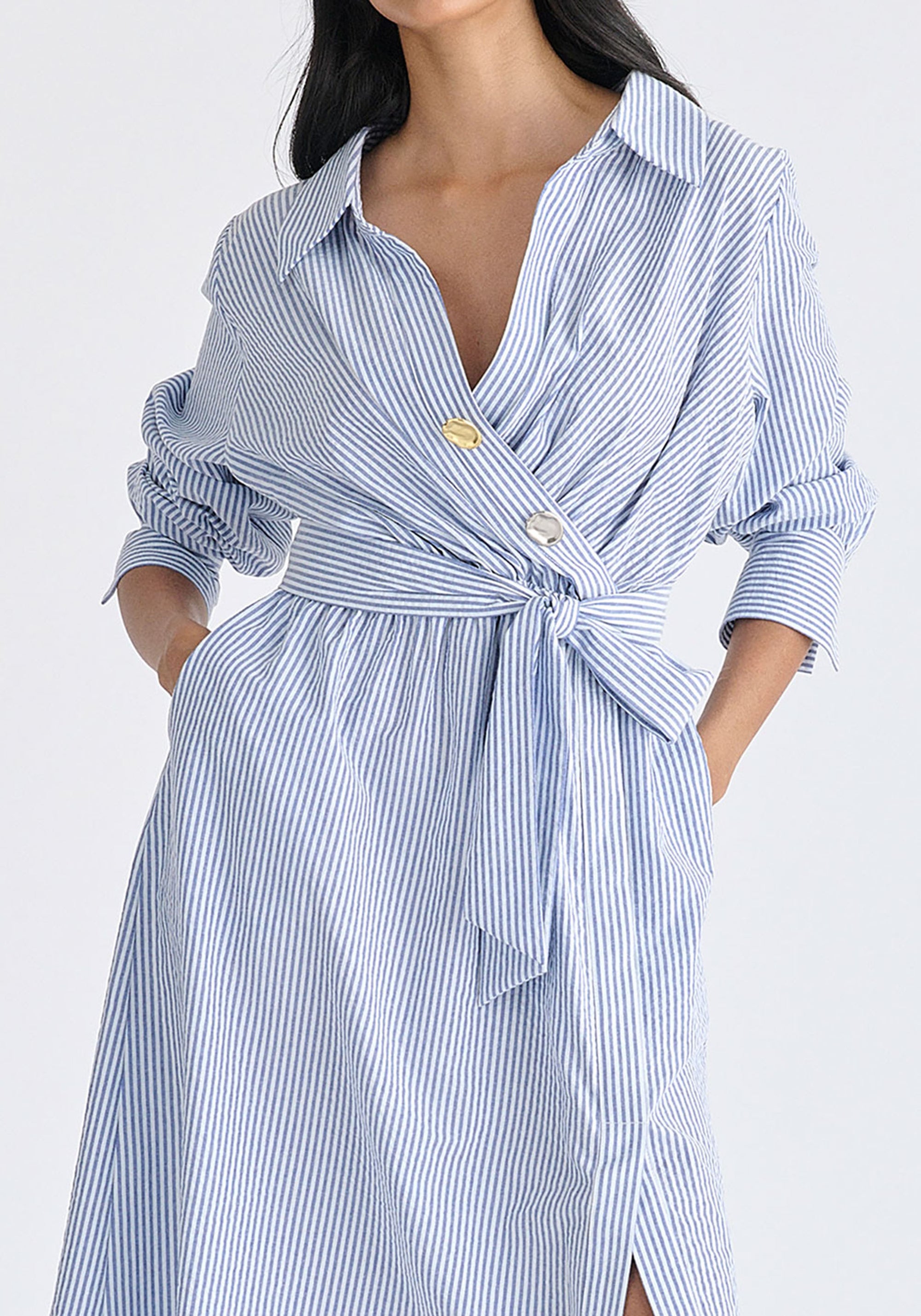 Wrap Midi Shirt Dress with Metallic Button Details
