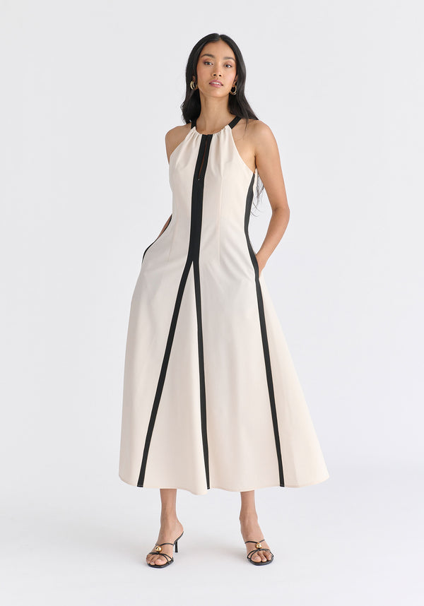 Contrast Details Halterneck Midi Dress in Beige and Black Front