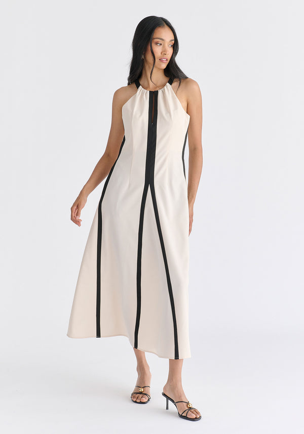 Contrast Details Halterneck Midi Dress in Beige and Black Front