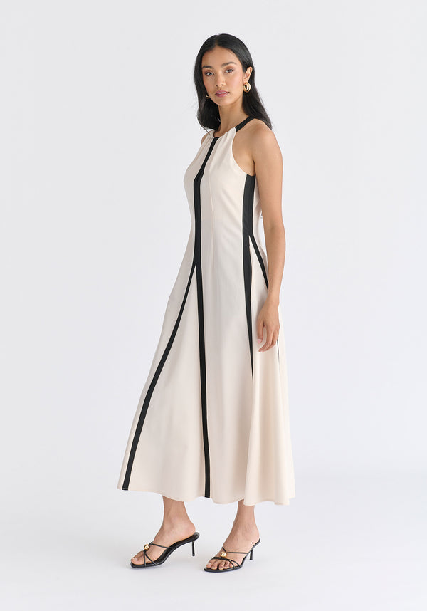 Contrast Details Halterneck Midi Dress in Beige and Black Side