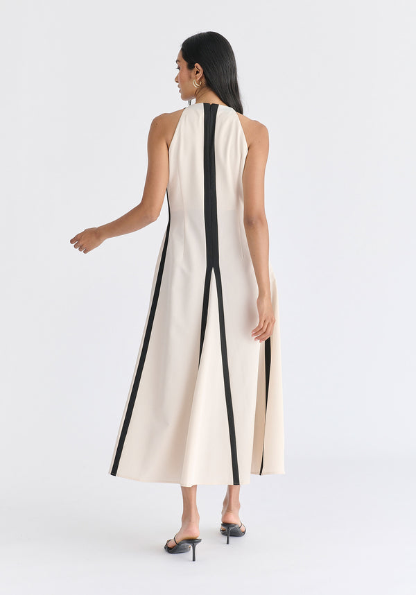 Contrast Details Halterneck Midi Dress in Beige and Black Back