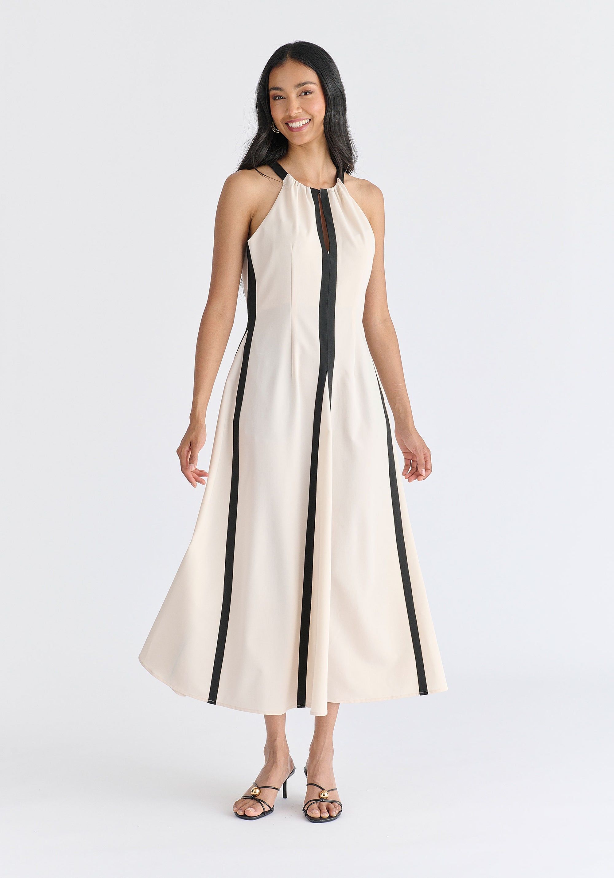 Contrast Details Halterneck Midi Dress in Beige and Black Front