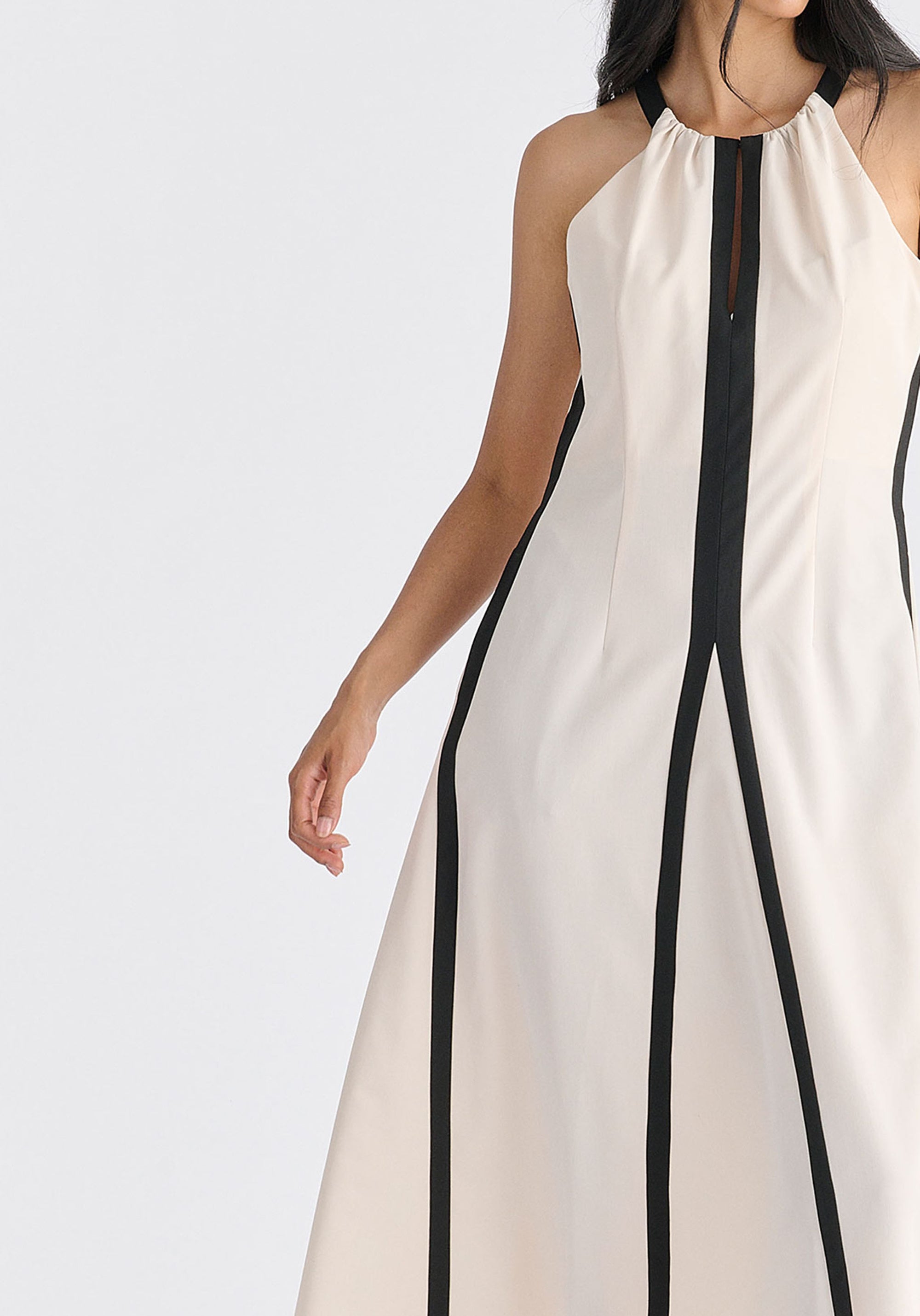 Contrast Details Halterneck Midi Dress in Beige and Black Closeup