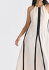 Contrast Details Halterneck Midi Dress in Beige and Black Closeup