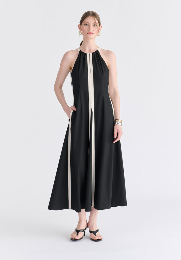 Contrast Details Halterneck Midi Dress in Black and Beige Front