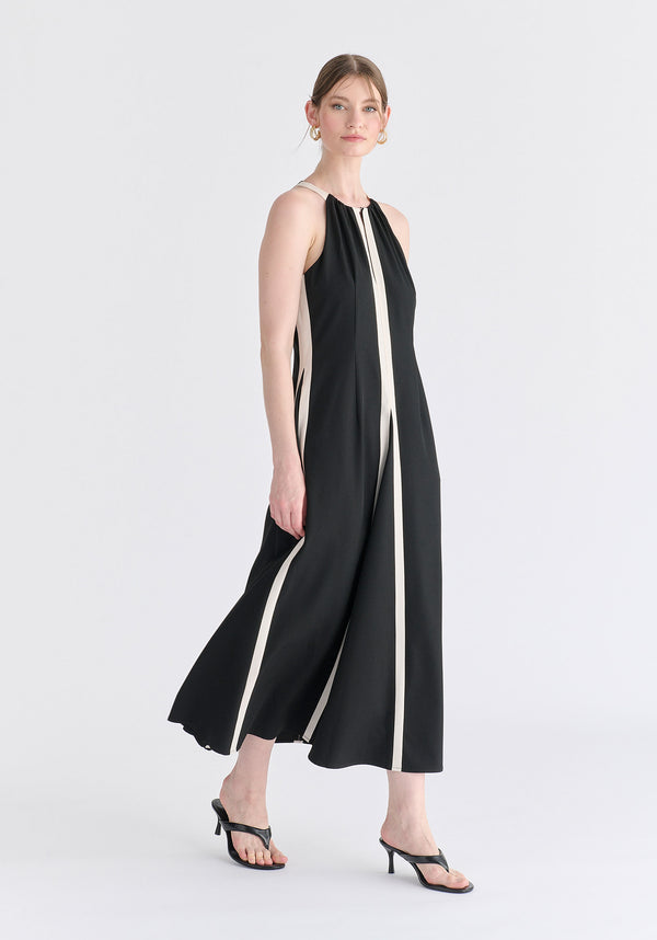 Contrast Details Halterneck Midi Dress in Black and Beige Side
