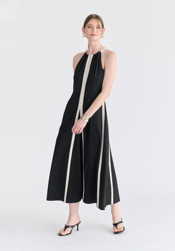 Contrast Details Halterneck Midi Dress in Black and Beige Front