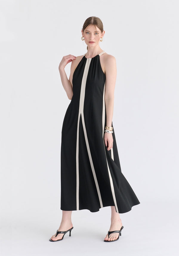 Contrast Details Halterneck Midi Dress in Black and Beige Front