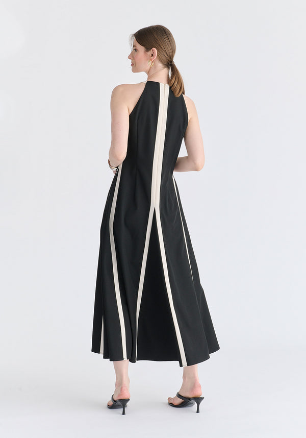 Contrast Details Halterneck Midi Dress in Black and Beige Back