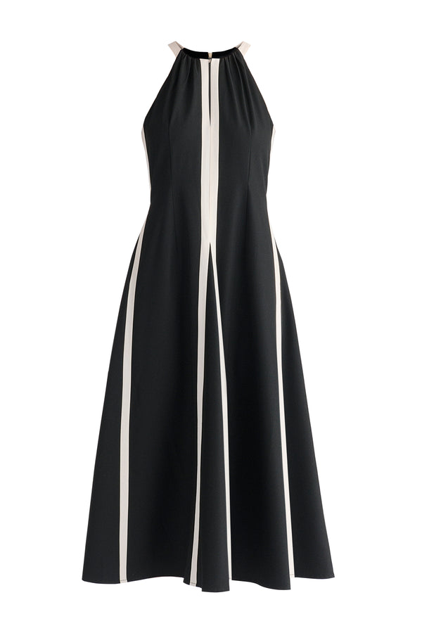 Contrast Details Halterneck Midi Dress in Black and Beige Cutout