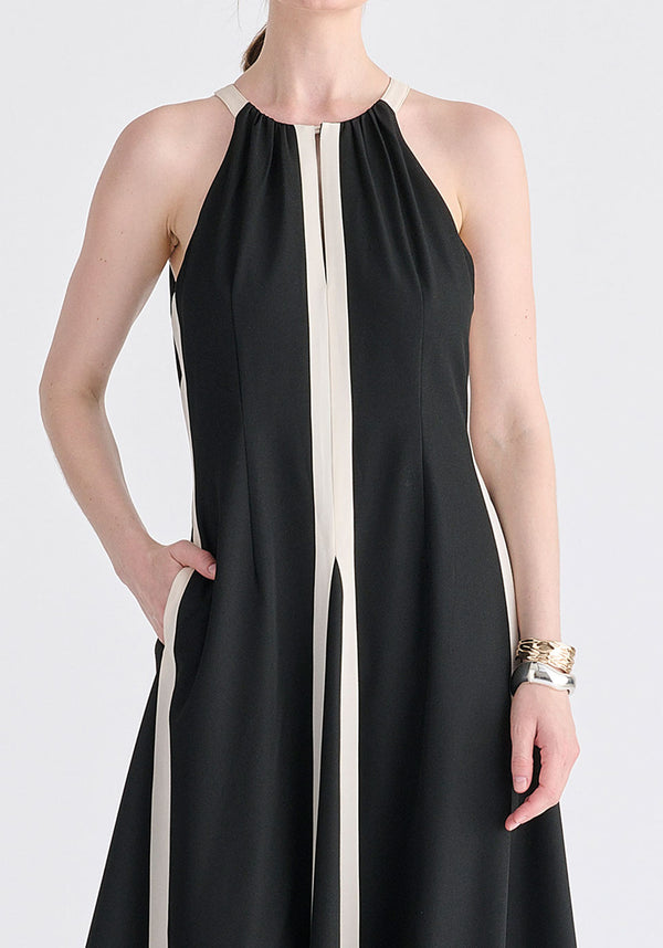 Contrast Details Halterneck Midi Dress in Black and Beige Closeup