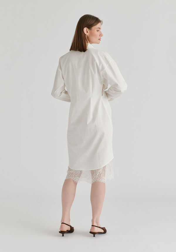 2-Piece Shirt Dress Set with Lace Underlay and Waist Cut Outs in White Back