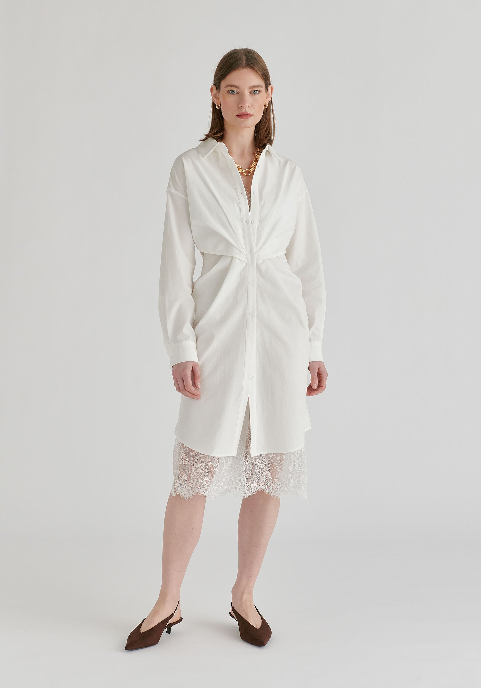 2-Piece Shirt Dress Set with Lace Underlay and Waist Cut Outs in White Front