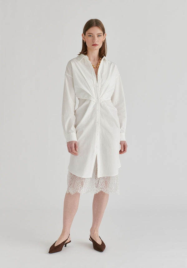 2-Piece Shirt Dress Set with Lace Underlay and Waist Cut Outs in White Front