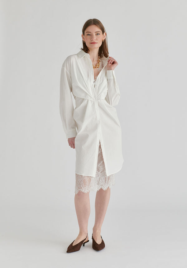 2-Piece Shirt Dress Set with Lace Underlay and Waist Cut Outs in White Front