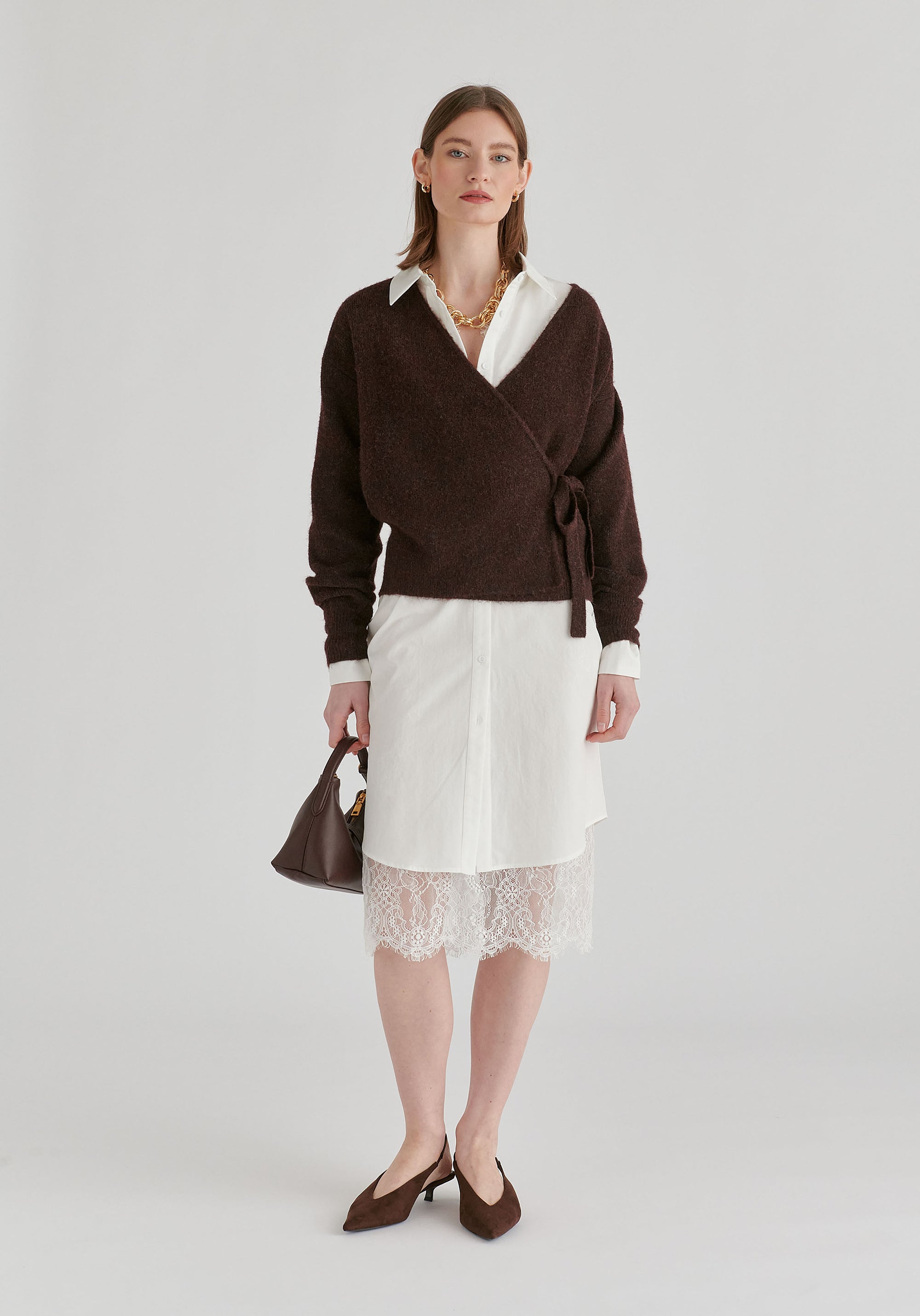 2-Piece Shirt Dress Set with Lace Underlay and Waist Cut Outs in White Front