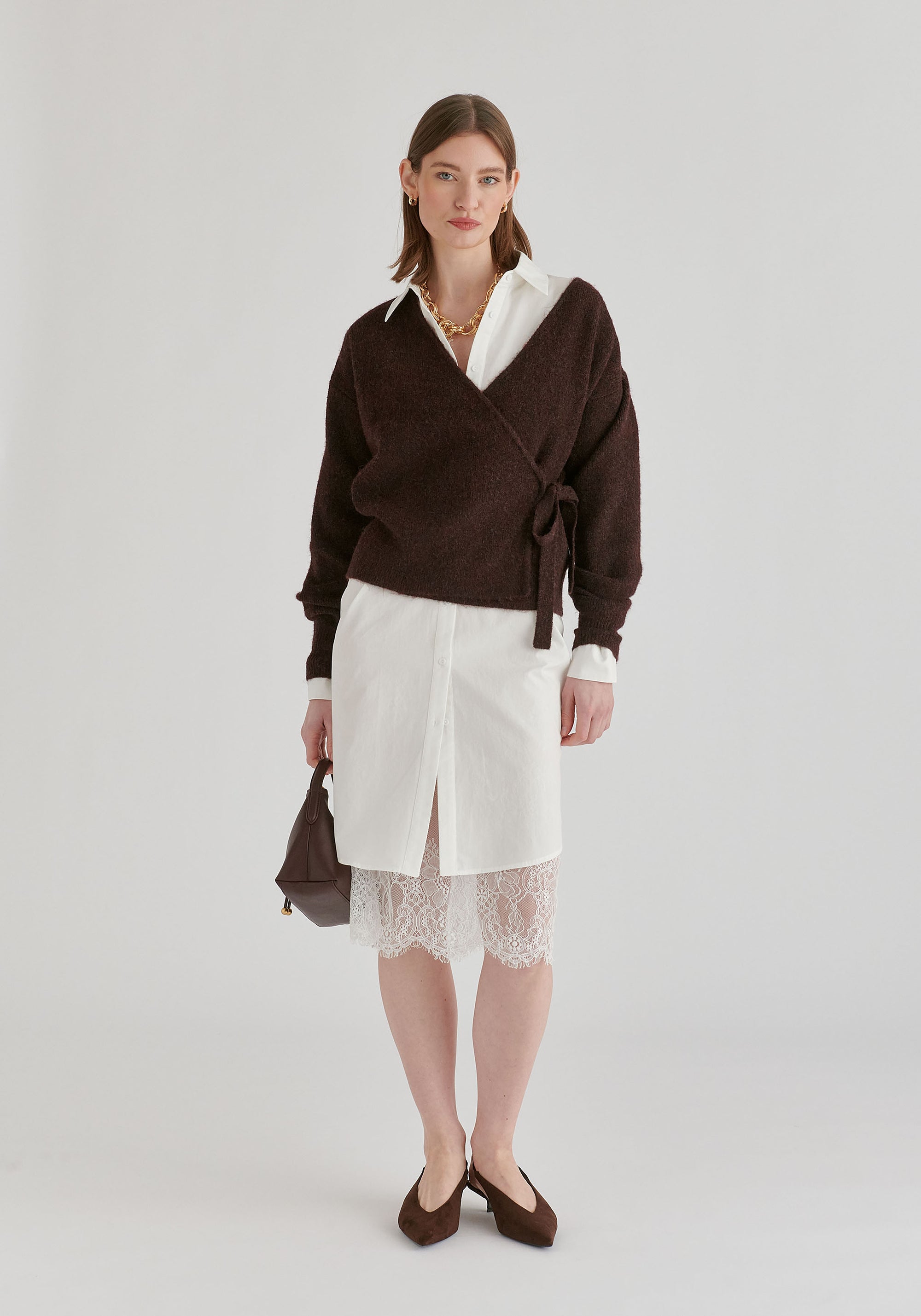 2-Piece Shirt Dress Set with Lace Underlay and Waist Cut Outs in White Front