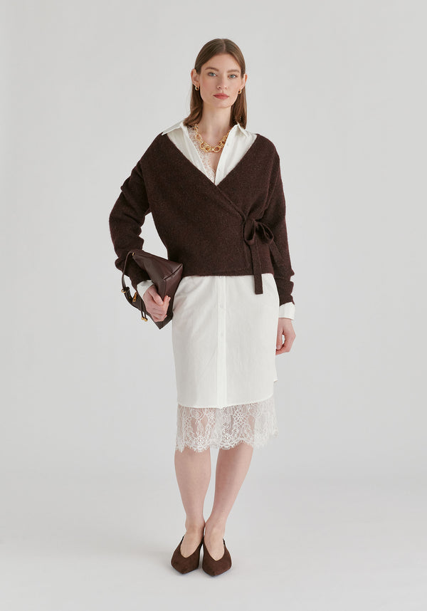 2-Piece Shirt Dress Set with Lace Underlay and Waist Cut Outs in White Front