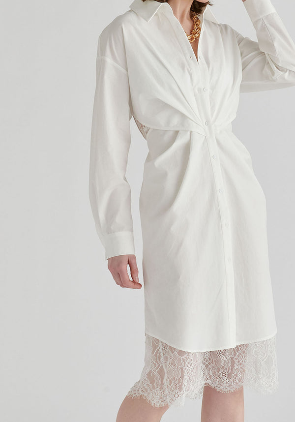 2-Piece Shirt Dress Set with Lace Underlay and Waist Cut Outs in White Closeup