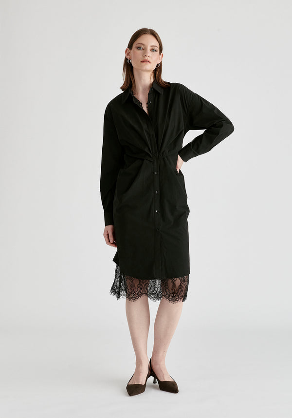 2-Piece Shirt Dress Set with Lace Underlay and Waist Cut Outs in Black Front