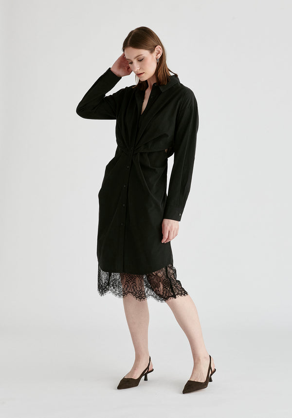2-Piece Shirt Dress Set with Lace Underlay and Waist Cut Outs in Black Side