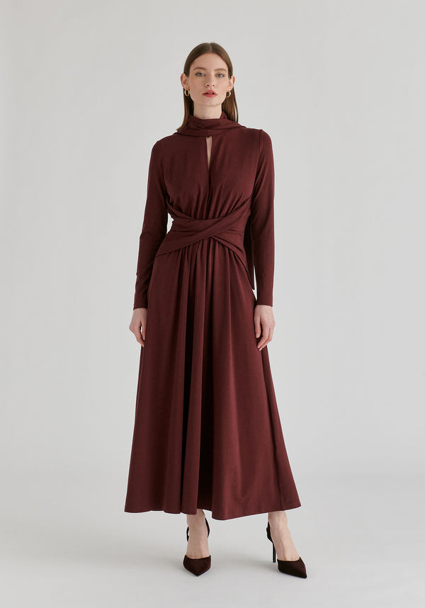 Lyocell Jersey Midi Dress with Cross Front Waist and Convertible Scarf in WIne Front