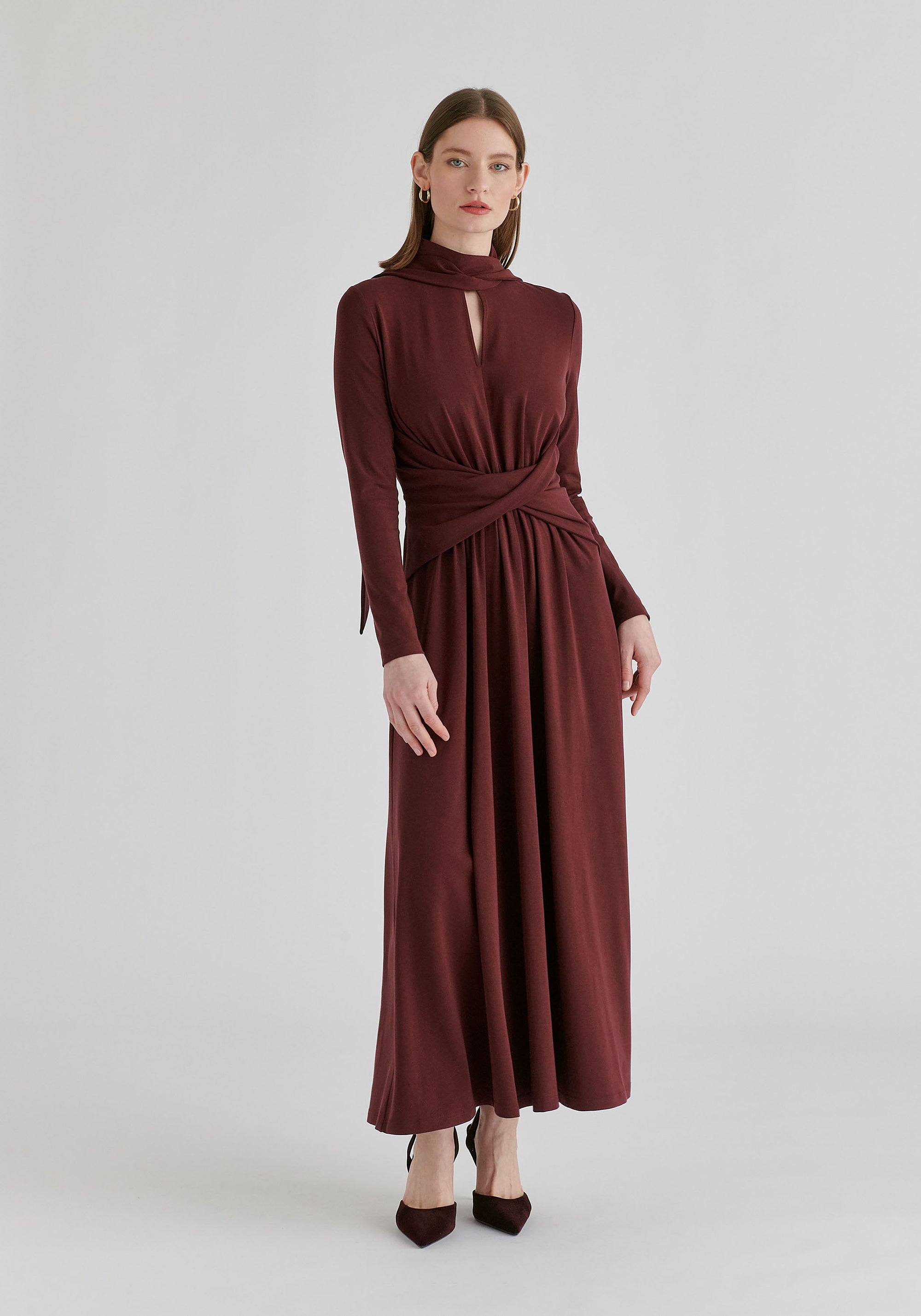 Lyocell Jersey Midi Dress with Cross Front Waist and Convertible Scarf
